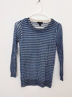 J.Crew Merino Wool Navy Blue Checkered Crew Neck 3/4 Length Sleeve Tippi Sweater